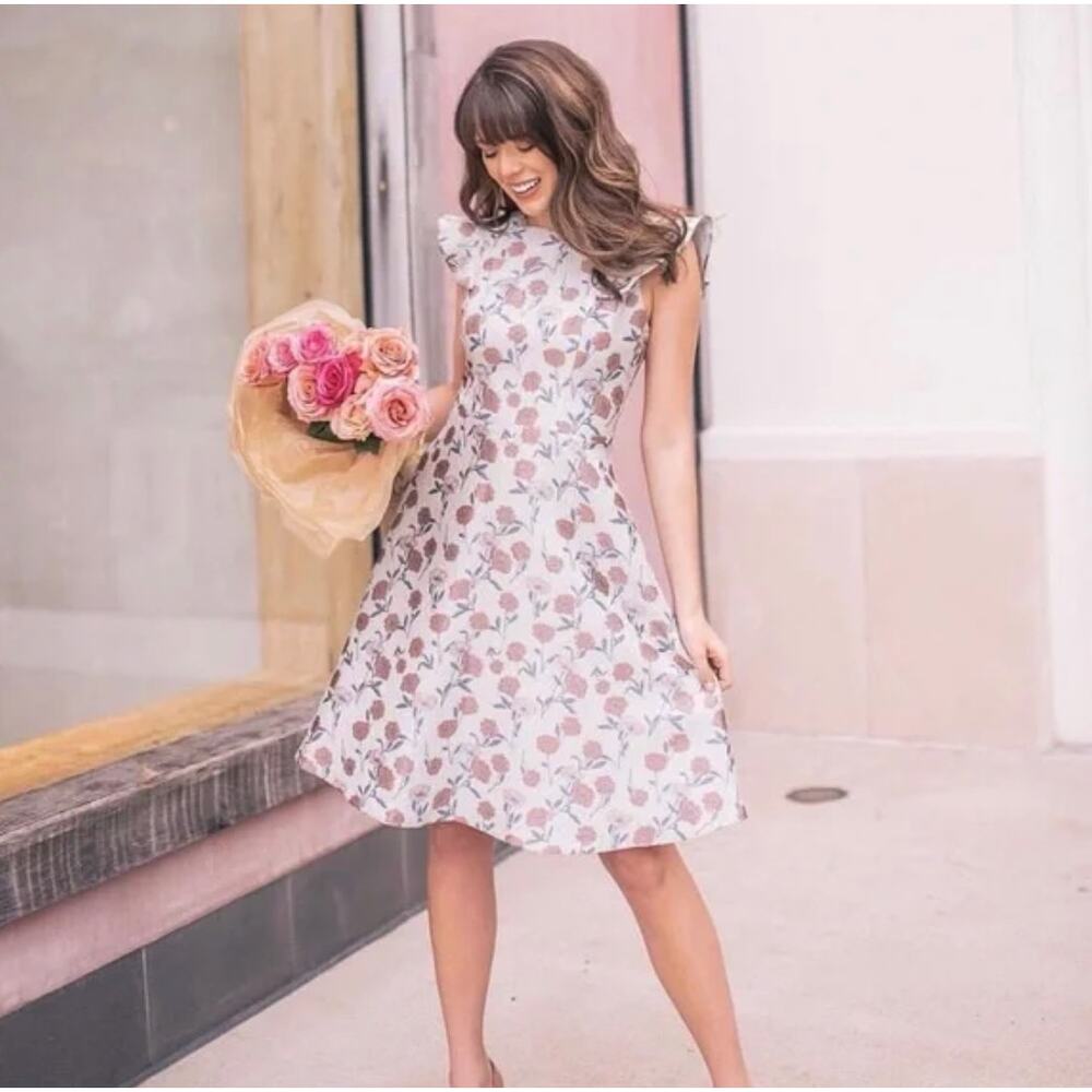 GAL MEETS GLAM Lola Dancing Daisy Jacquard Dress Silver Pink Sz 6 Petite {E42}